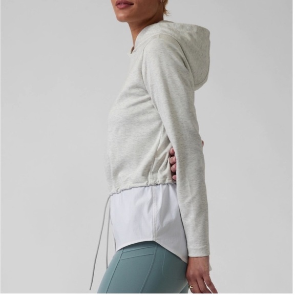 Athleta Hoodie Heather Gray & white Poplin Long Sleeve Tie waist Popover Top - Picture 12 of 12